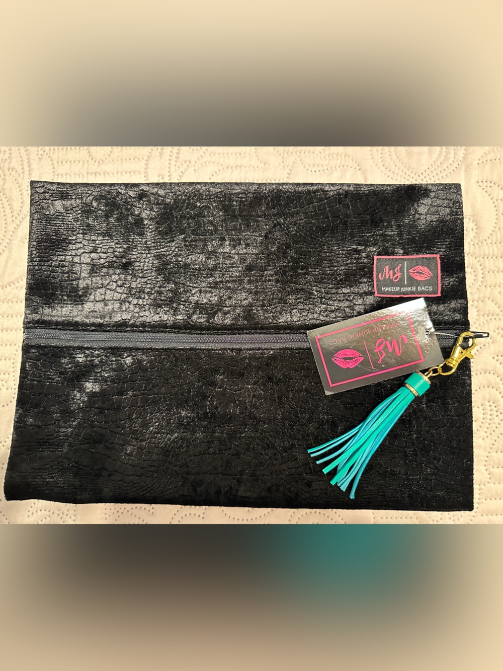 Makeup Junkie Bags Black Textured Clutch with Teal Tassel